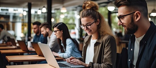 College students utilizing digital devices in the classroom With copyspace for text
