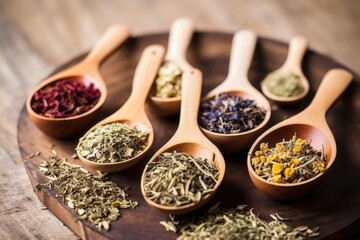 assortment of dry herbal tea on small wooden spoons