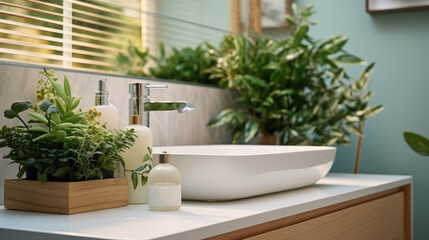 Vessel sink and different care products in bathroom with Green artificial plants.