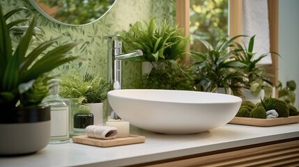 Vessel sink and different care products in bathroom with Green artificial plants.