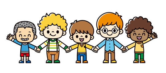 Multinational boys holding hands with smiles on their faces