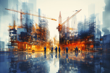 Artistic creative background illustration featuring construction workers, towering buildings in various stages of construction, and cranes on the skyline. Ai generated
