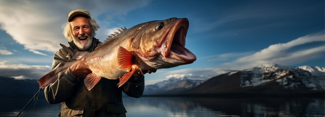 Fisherman Proudly Showcasing His Catch from a Vast Lake. Generative ai
