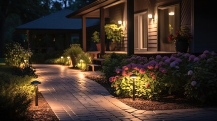 Modern gardening with Illuminated pathway in front of residential house. - obrazy, fototapety, plakaty