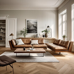 Ein luxuriöser Wohnbereich in einem schönen, hellen, modernen Haus im skandinavischen Stil, generative AI