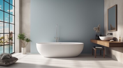 Modern bathroom with tub, Wash basin and window. - obrazy, fototapety, plakaty