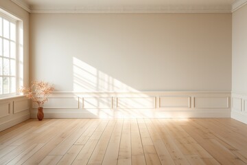Modern interior of a room with light walls with an antique effect. Potted plant in an empty room