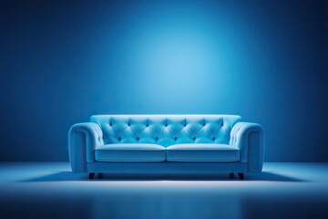 Modern minimalist interior with blue sofa on a blue color wall background.