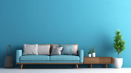 View of blue living room in minimal style with sofa