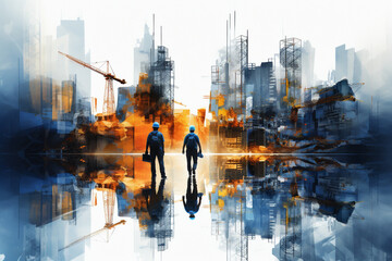 Fototapeta na wymiar Artistic creative background illustration featuring construction workers, towering buildings in various stages of construction, and cranes on the skyline. Ai generated
