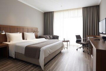 modern hotel room interior, with neatly arranged bed and desk