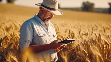 Experienced farmer in a golden wheat field with a digital tablet in his hands. Smart farm. The farm owner checks the harvest using modern technology. Agriculture concept.