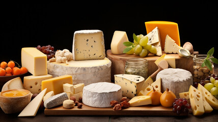 set of different cheeses on wooden background.