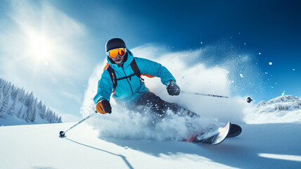 man in ski suit with helmet on ski slope