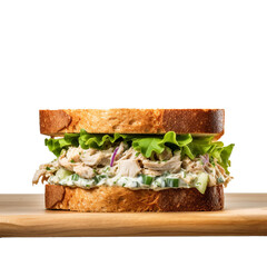 chicken salad sandwich on wooden board isolated on white background, ai generated