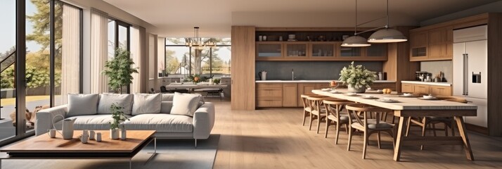 Modern combined living kitchen and dining space, Open floor plan. - obrazy, fototapety, plakaty
