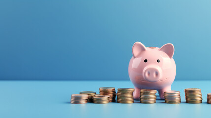money piggy bank with coins on color background