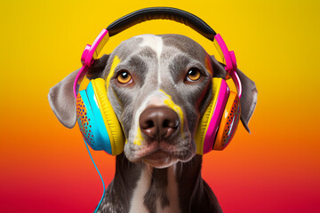 A vibrant and artistic poster featuring an adorable dog wearing stylish headphones, exuding a cool vibe. Ai generated