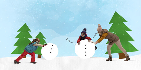 Poster. Contemporary art collage. Happy winter activities. Funny little kids with mother make snowman against painted background with fir-trees and snow.