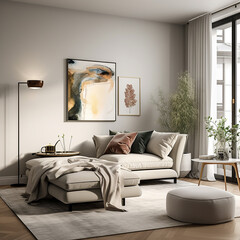 Ein luxuriöser Wohnbereich in einem schönen, hellen, modernen Haus im skandinavischen Stil, generative AI