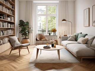 Ein luxuriöser Wohnbereich in einem schönen, hellen, modernen Haus im skandinavischen Stil, generative AI