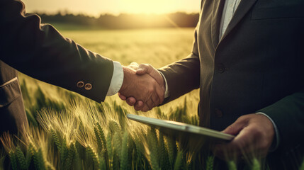 Experienced farmers seal the deal with a handshake in a wheat field. Business, agriculture concept. Handshake of two men. - obrazy, fototapety, plakaty
