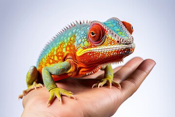 Exotic Chameleon Pet Portrait on Human Hand - Close-Up Wildlife Photography of Colorful Reptile, Unique Exotic Pet Experience with Handheld Lizard
