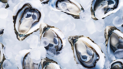 Top view on fresh oysters laying on crushed ice. Seafood background. Generative AI - obrazy, fototapety, plakaty