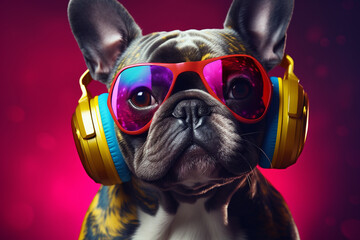 A vibrant and artistic poster featuring an adorable dog wearing stylish headphones, exuding a cool vibe. Ai generated