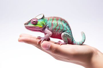 Fototapeta premium Exotic Chameleon Pet Portrait on Human Hand - Close-Up Wildlife Photography of Colorful Reptile, Unique Exotic Pet Experience with Handheld Lizard