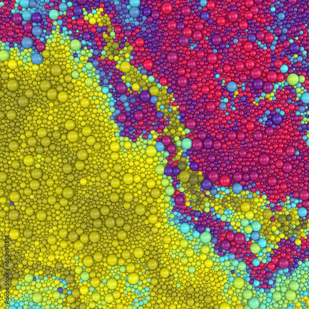 Poster Streams of multicolored spherical particles. Futuristic background. 3d rendering pattern. Digital illustration