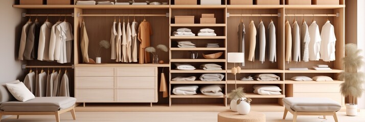 Walk in closet and wardrobe in beige tones with wooden design in an open area.