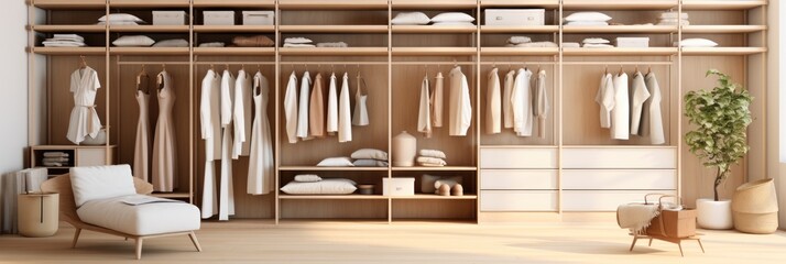 Walk in closet and wardrobe in beige tones with wooden design in an open area. - obrazy, fototapety, plakaty