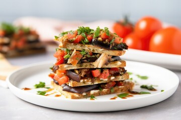stack of anchovy bruschetta on rectangle plate