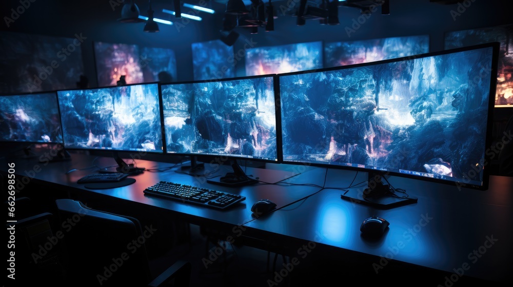 Poster computer screens showcasing game designs.