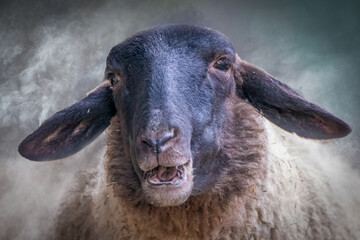 a sheep with a black head and floppy ears laughing