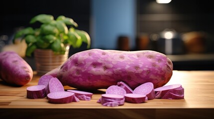 Uncooked purple sweet potato on wooden table.