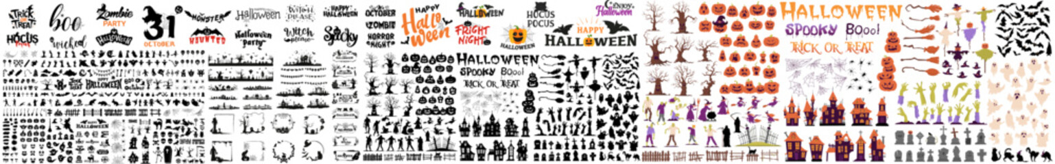 Mega set collection of Halloween color and silhouettes icon and character. All element for Halloween