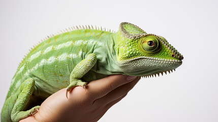 Fototapeta premium Exotic Chameleon Pet Portrait on Human Hand - Close-Up Wildlife Photography of Colorful Reptile, Unique Exotic Pet Experience with Handheld Lizard