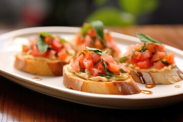 soft focus view of bruschetta with hummus on a porcelain dish