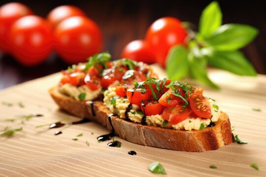 high definition image of bruschetta with hummus on a linen tablecloth