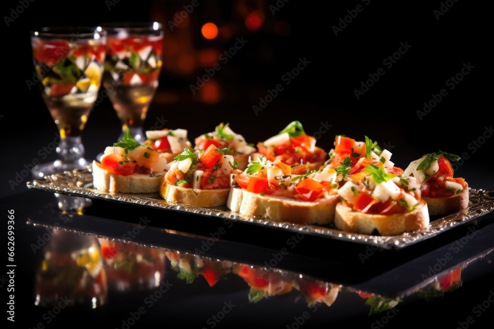 Sticker reflective glass plate with several bruschetta with mozzarella