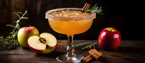 Autumn themed margarita with apple cider brown sugar rim and cinnamon in a rustic setting With copyspace for text