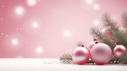 Obraz premium Christmas background with fir branches and christmas balls on a pink background