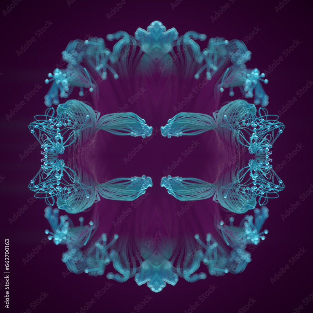 Poster abstract symmetrical organic pattern. colorful lines with a trendy blue-purple gradient. 3d renderin