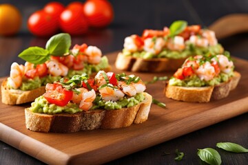 slices of bruschetta with shrimp and avocado spread