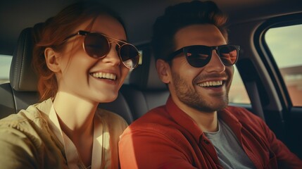 Smiling joyful couple sitting inside a car and having a nice time together - obrazy, fototapety, plakaty