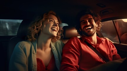 Smiling joyful couple sitting inside a car and having a nice time together