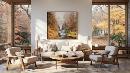 Bright living room with large windows on natural plants minimalism. A painting on the wall