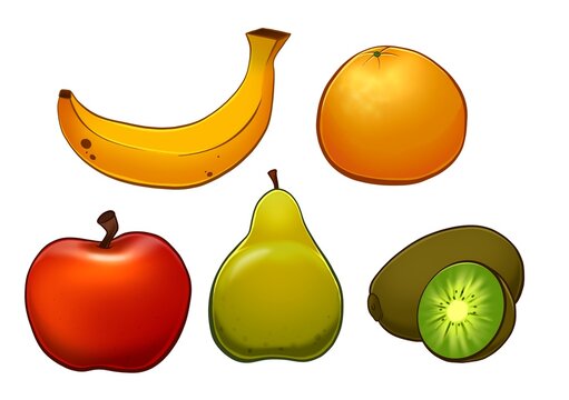 fruit set isolated on a white background illustration. Banana, orange, apple, pear, kiwi clipart illustration. pictures for teaching children with fruits. Healthy food icons